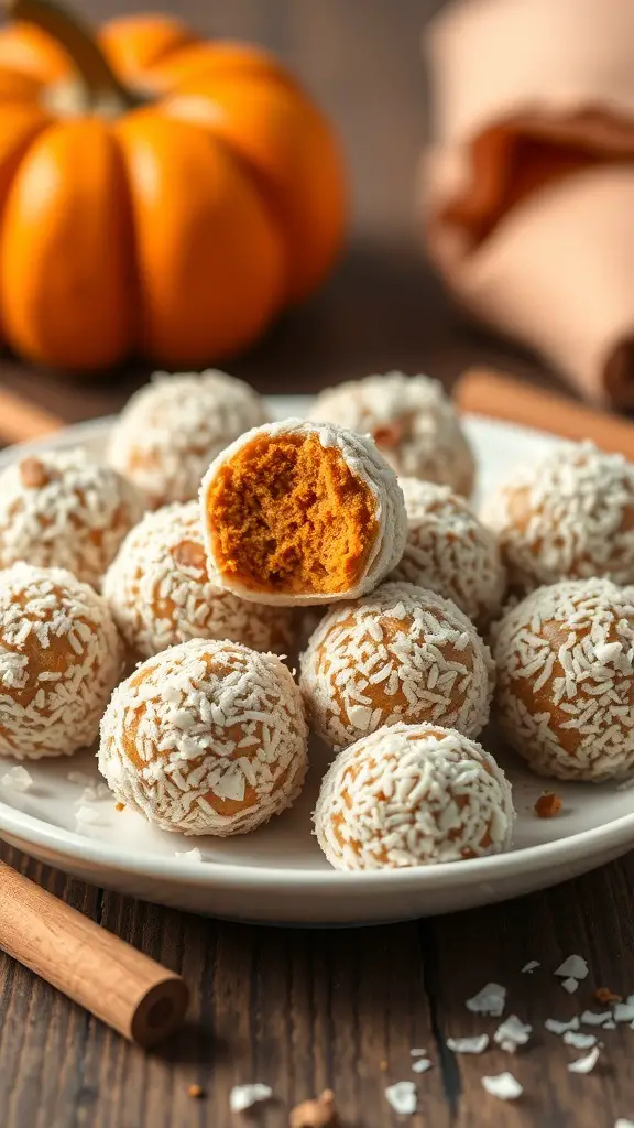 A plate of pumpkin spice energy bites coated in shredded coconut with a pumpkin in the background.