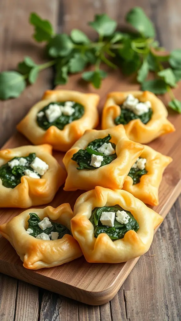 Savory spinach and feta puff pastry bites on a wooden board