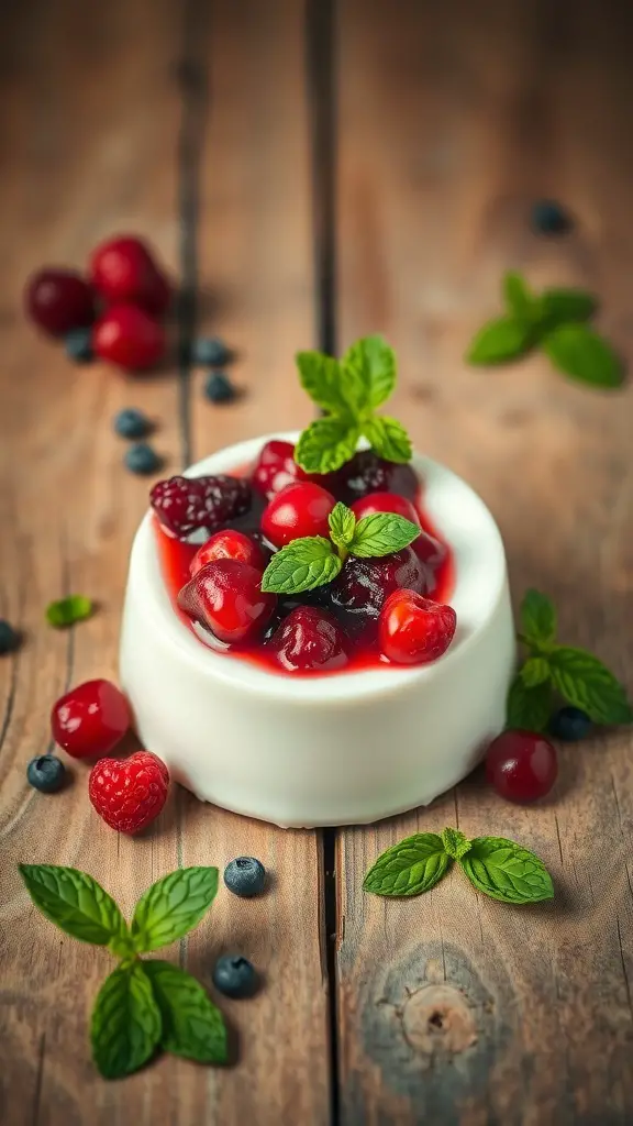 A bowl of panna cotta topped with mixed berries and mint leaves on a wooden table.