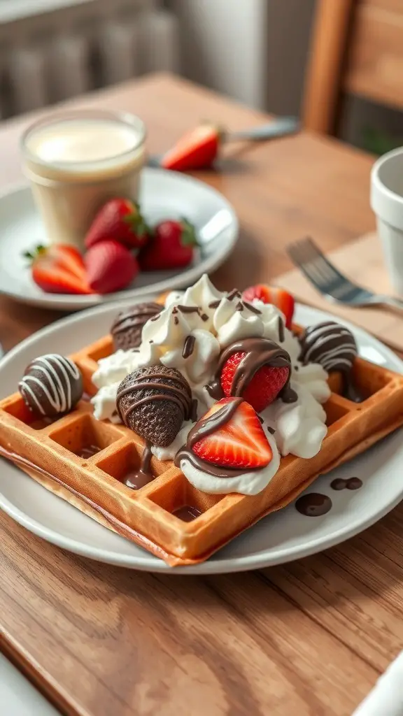 A plate of chocolate-covered strawberry waffles topped with whipped cream and fresh strawberries.