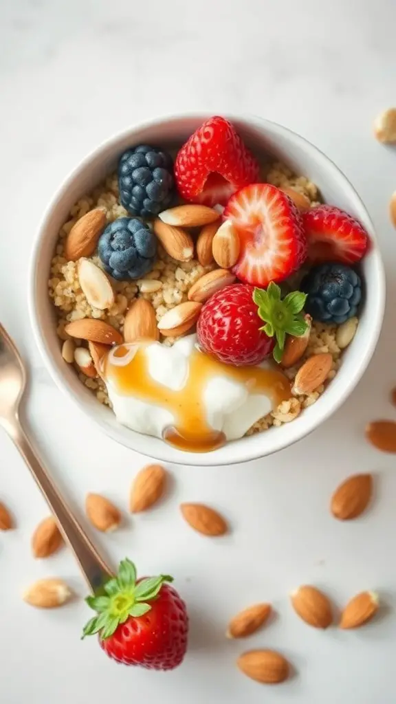 A quinoa breakfast bowl topped with almonds and mixed berries, with a spoon beside it.