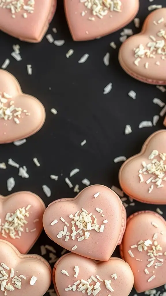 Heart-shaped coconut macarons with shredded coconut on top