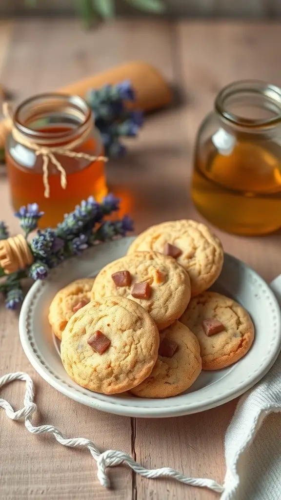 A plate of lavender honey cookies with jars of honey and lavender sprigs in the background.