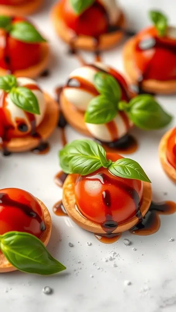 A close-up of Caprese salad bites featuring cherry tomatoes, mozzarella balls, and fresh basil drizzled with balsamic glaze.