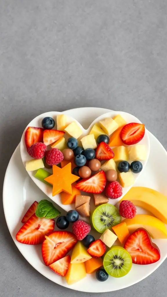 A heart-shaped fruit salad with strawberries, blueberries, kiwi, and other colorful fruits.