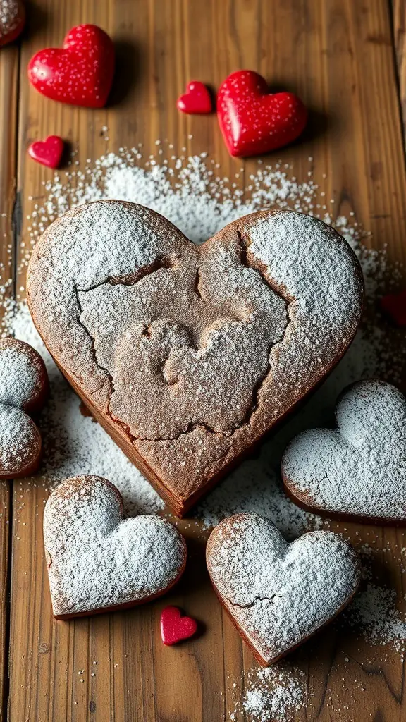 Heart-shaped brownies with powdered sugar and red heart decorations