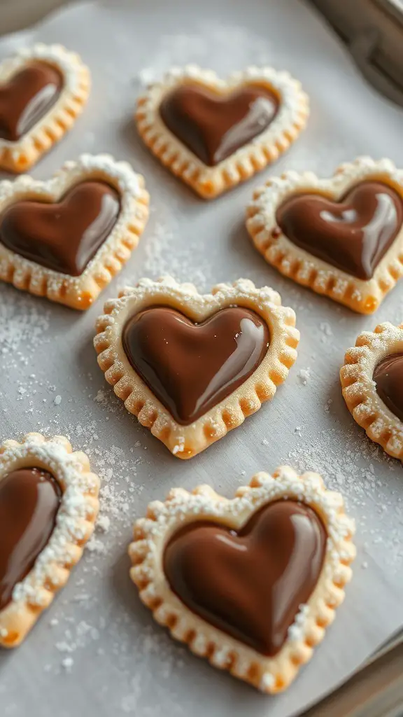Nutella-stuffed heart pastries arranged on a baking sheet