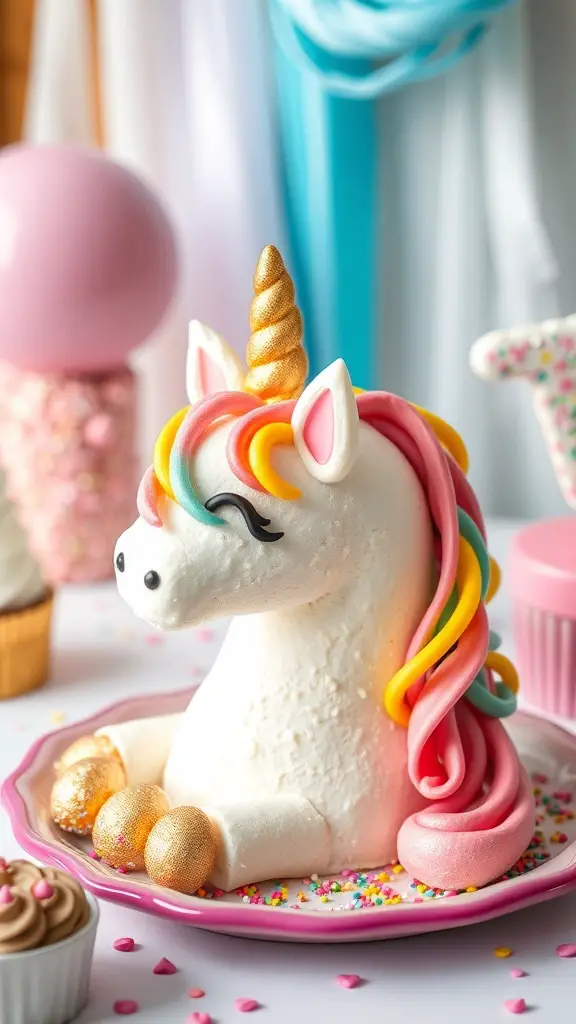A whimsical unicorn cake with a golden horn and colorful mane, surrounded by sprinkles and other sweet treats.