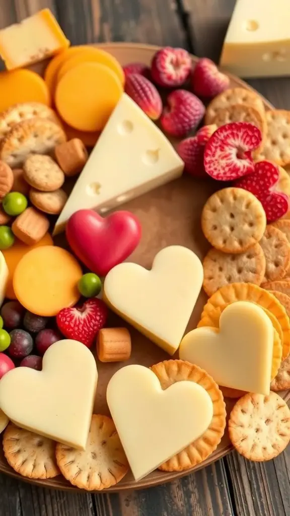 A colorful platter of cheese, crackers, strawberries, and heart-shaped treats for Valentine's Day.