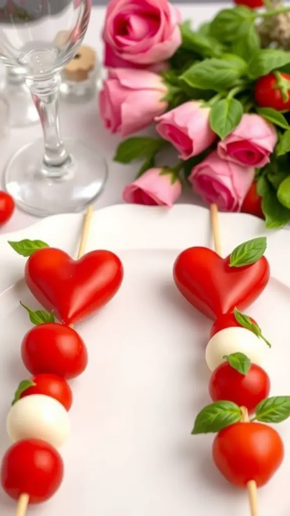Heart-shaped Caprese skewers with cherry tomatoes, mozzarella, and basil on a plate, surrounded by pink roses.
