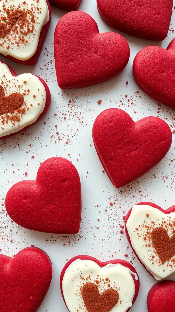 Red velvet heart cookies with cream cheese frosting and cocoa powder