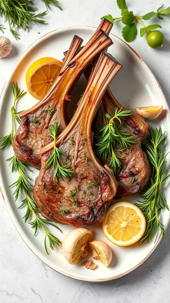 Herb-crusted lamb chops on a platter with lemon slices and fresh herbs