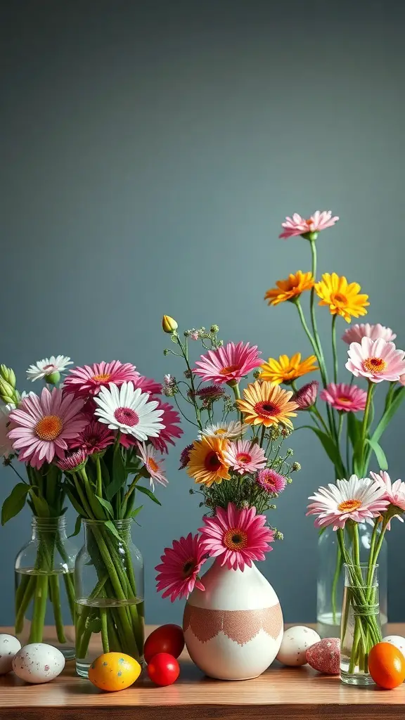 A colorful arrangement of spring flowers in vases with decorated Easter eggs