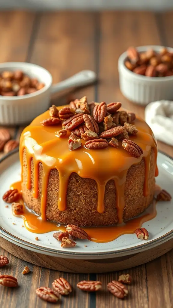 A bento cake topped with caramel glaze and pecans on a wooden table.