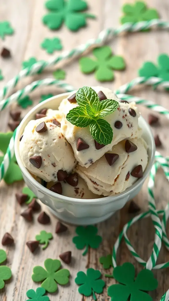 A bowl of mint chocolate chip ice cream with chocolate chips and a mint leaf on top, surrounded by green shamrocks.