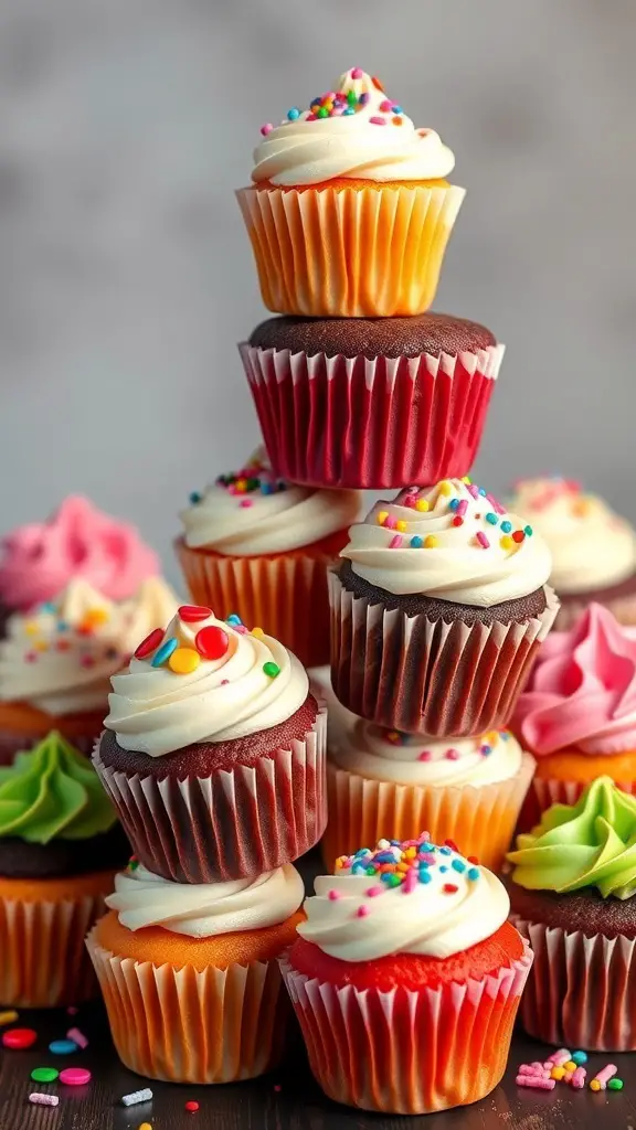 A colorful display of mini cupcakes stacked in a tower, featuring various flavors and toppings.