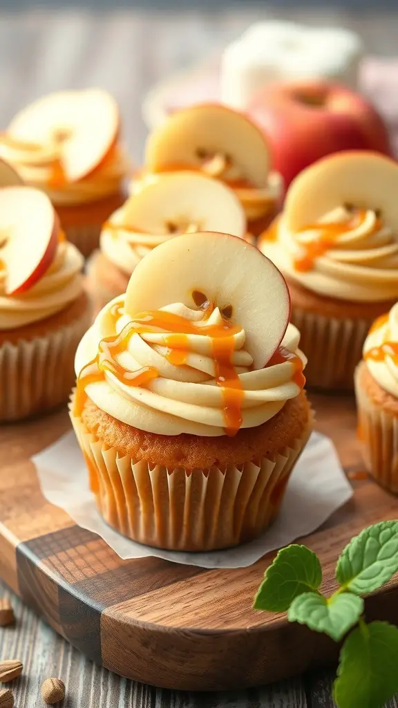Delicious caramel apple cupcakes topped with apple slices and caramel drizzle