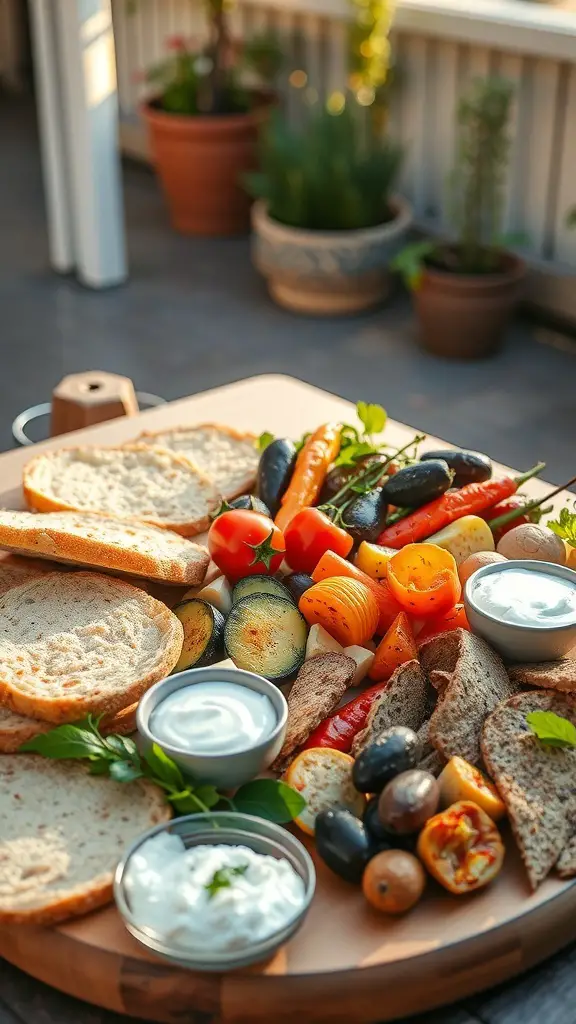 A Mediterranean inspired grazing board featuring fresh vegetables, bread, and dips.
