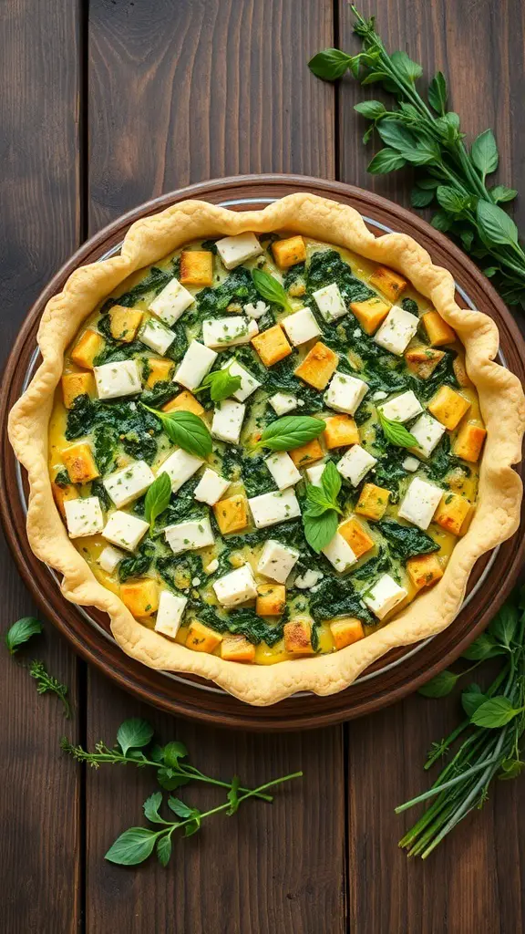 A delicious quiche with spinach and feta cheese in a golden crust, garnished with fresh herbs.