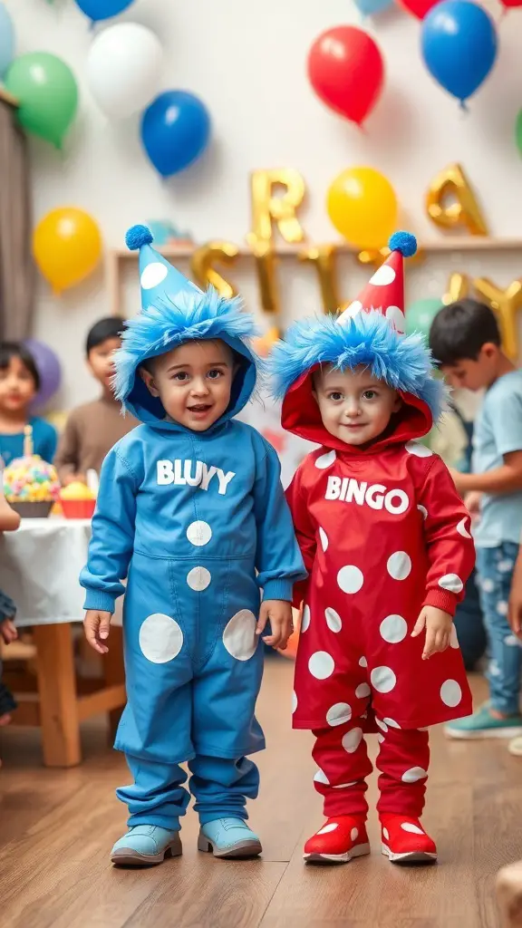 Two children dressed in Bluey and Bingo costumes at a birthday party