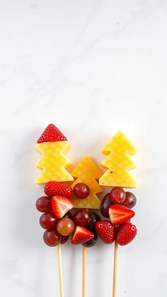 Colorful fruit skewers with heart-shaped pineapple, strawberries, and grapes