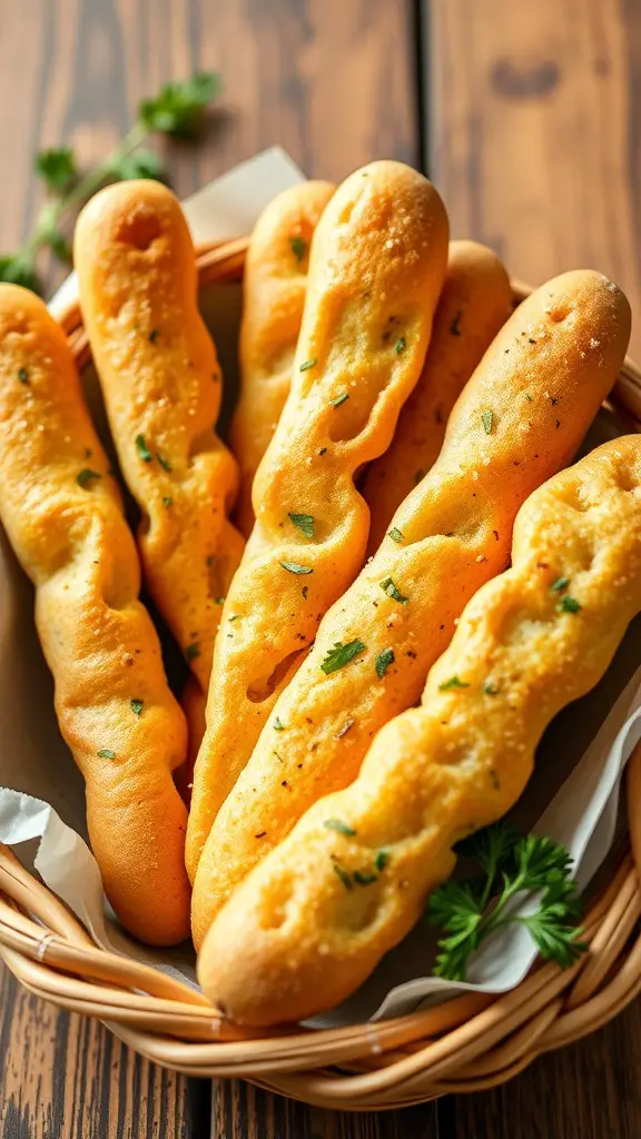 A basket of homemade garlic breadsticks, golden brown and sprinkled with herbs.