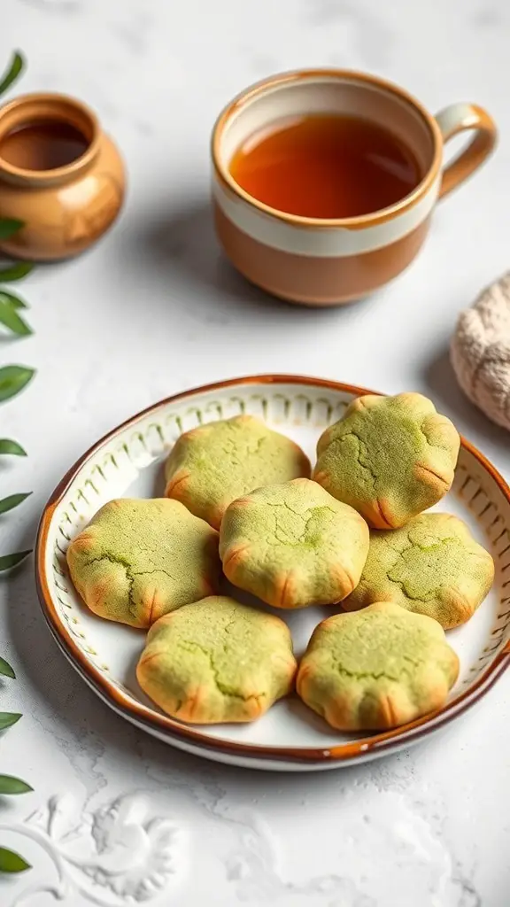A plate of matcha green tea cookies with a cup of tea