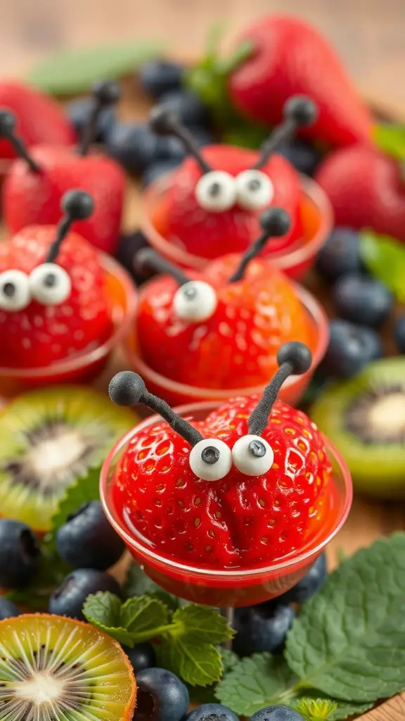 Colorful fruit cups with strawberries shaped like bugs, featuring candy eyes and antennae.