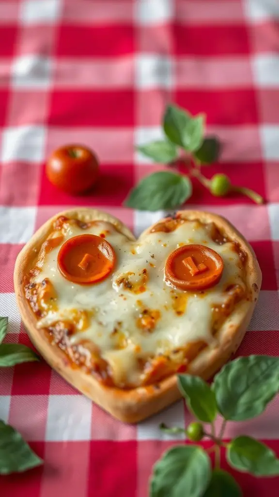 Heart-shaped mini pizza with cheese and tomato slices on a checkered tablecloth