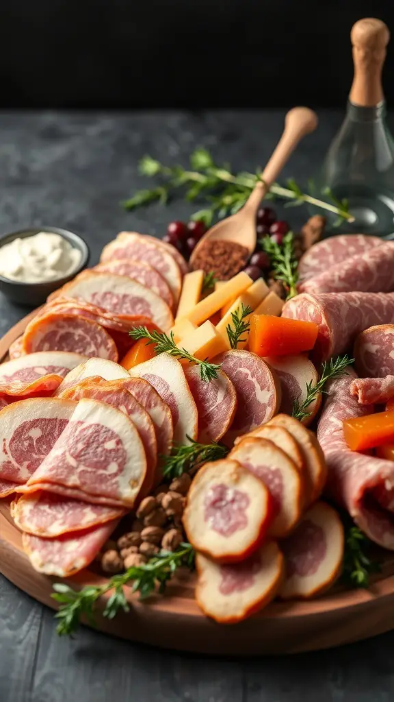 A beautifully arranged charcuterie board featuring various artisan meats, cheeses, nuts, and herbs.