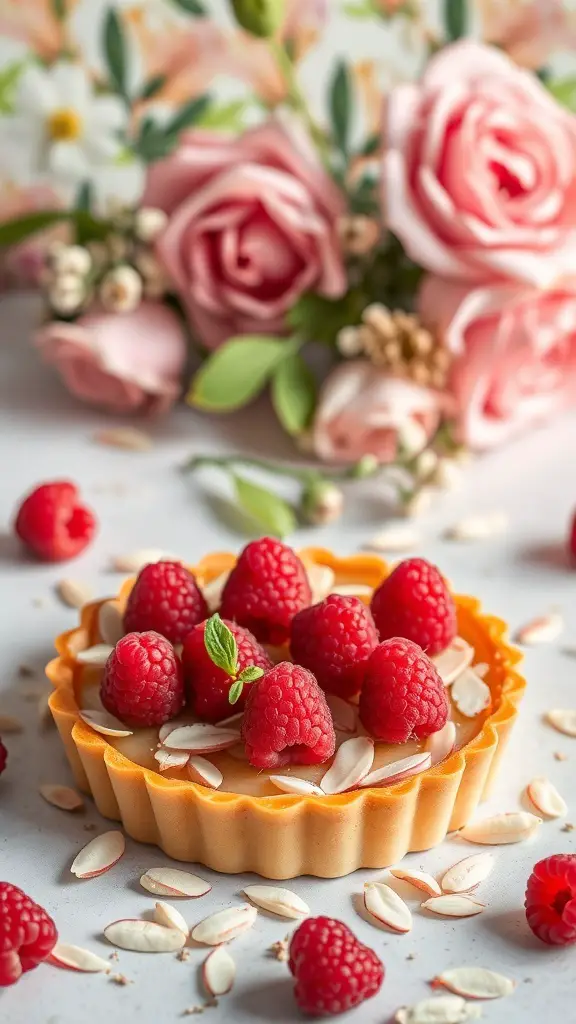 A Raspberry Almond Tart topped with fresh raspberries and almond slices, surrounded by pink roses.