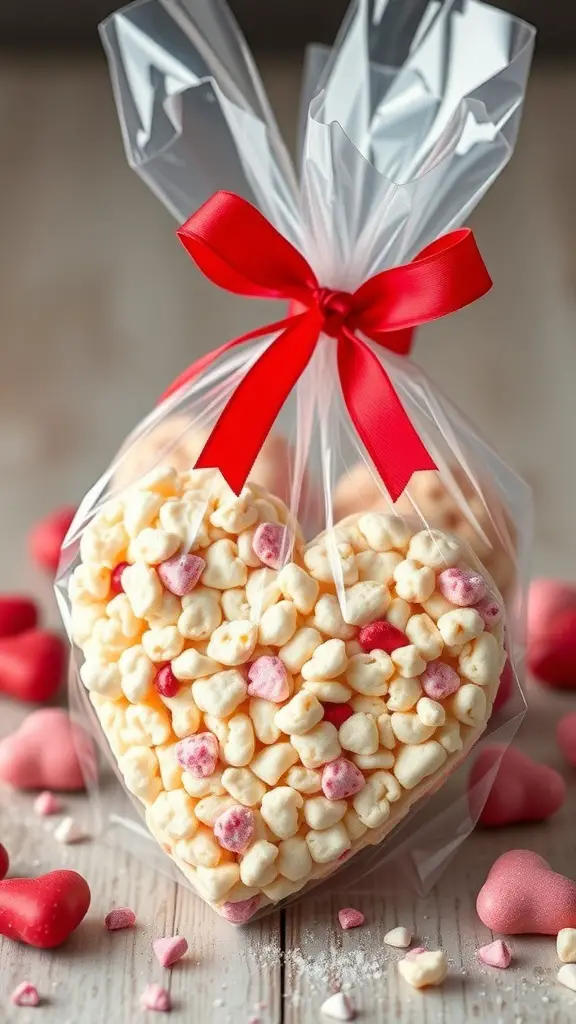 Heart-shaped Rice Krispie treats in a clear bag with a red ribbon, surrounded by heart-shaped candies.