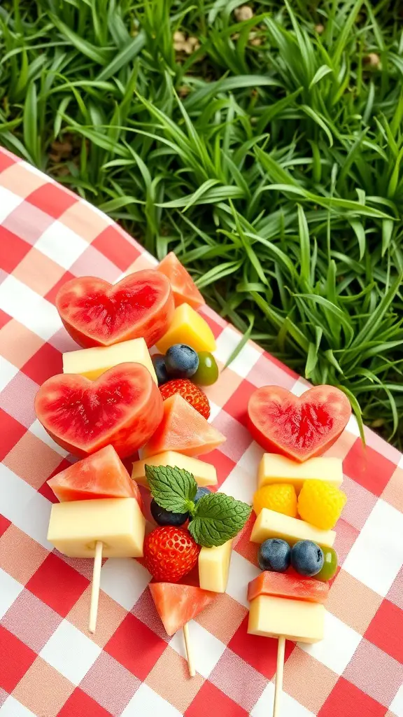 Fruit kabobs with heart-shaped melons, strawberries, and cheese on a picnic blanket
