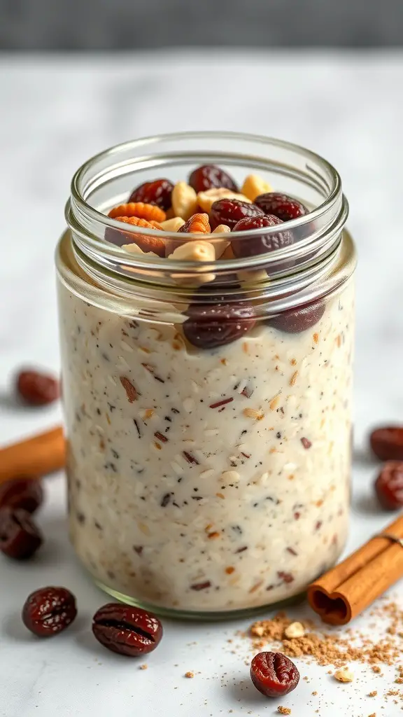 A jar of overnight oats topped with nuts and dried fruits, surrounded by cinnamon sticks and coffee beans.