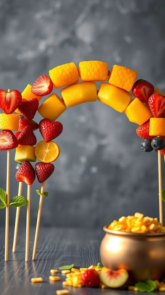 Colorful rainbow fruit skewers with strawberries, mangoes, and blueberries arranged on wooden sticks.