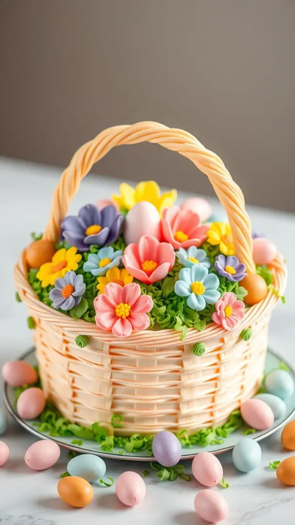 A beautifully decorated Easter Basket Cake with colorful flowers and eggs.
