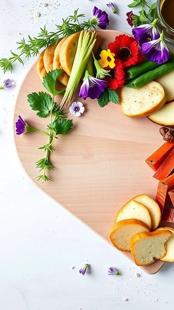 A heart-shaped charcuterie board featuring various cheeses, vegetables, and garnishes.