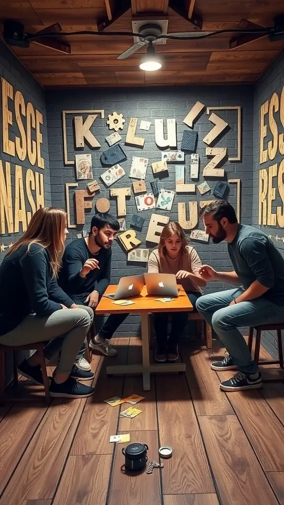 A group of friends engaged in an escape room challenge, working together with laptops and clues.