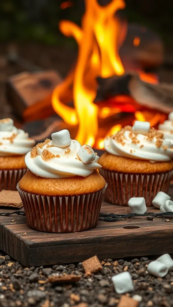 Delicious s'mores cupcakes with frosting, graham cracker crumbs, and mini marshmallows, set against a warm fire.
