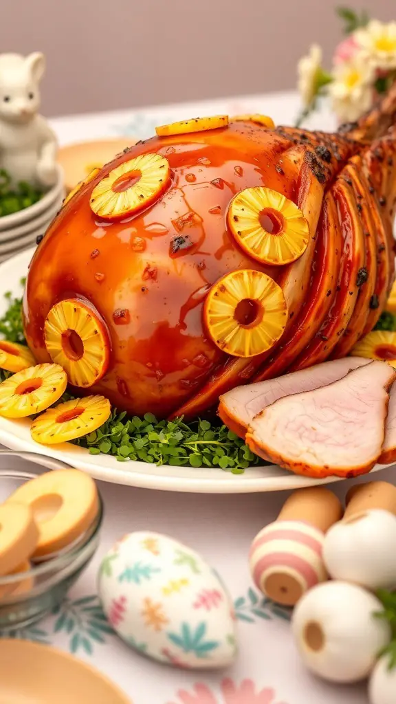 A beautifully glazed ham topped with pineapple slices, surrounded by decorative Easter eggs and a cute bunny figurine.