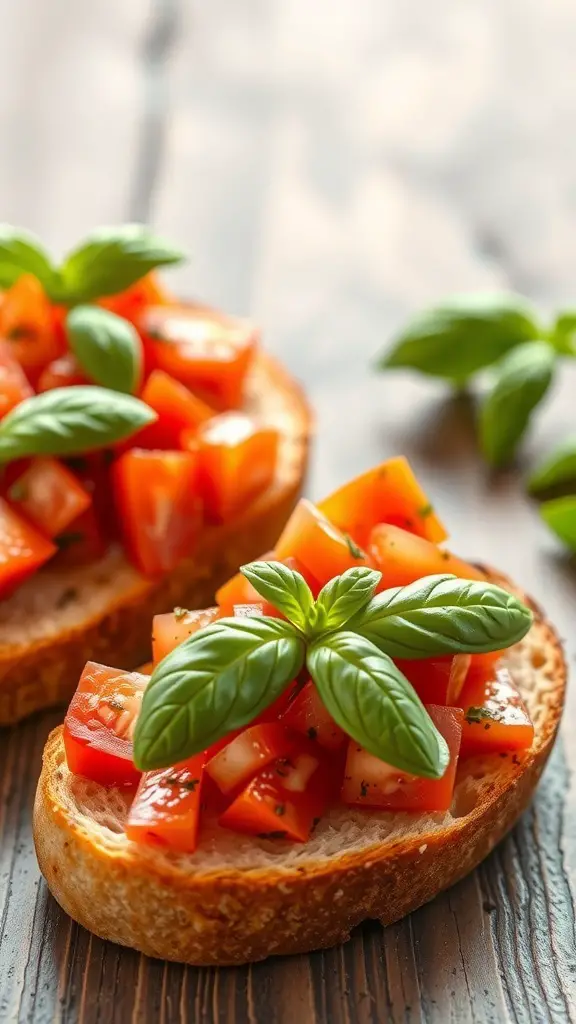 Bruschetta topped with diced tomatoes and basil on toasted bread.