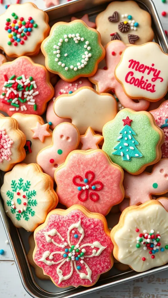 A variety of colorful sprinkle-topped sugar cookies in a tin.
