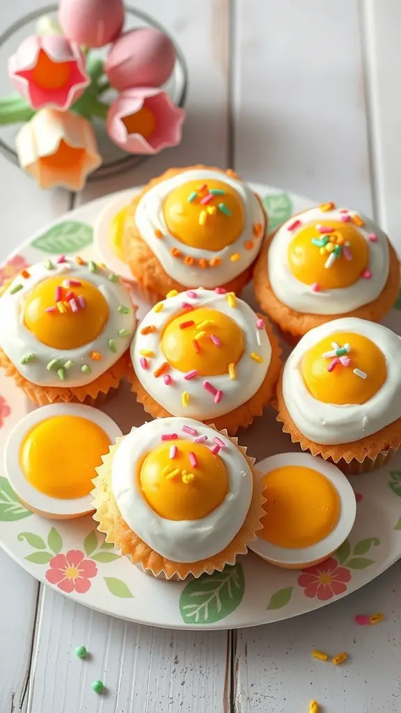 Colorful decorative egg muffins on a floral plate, resembling eggs with sprinkles.