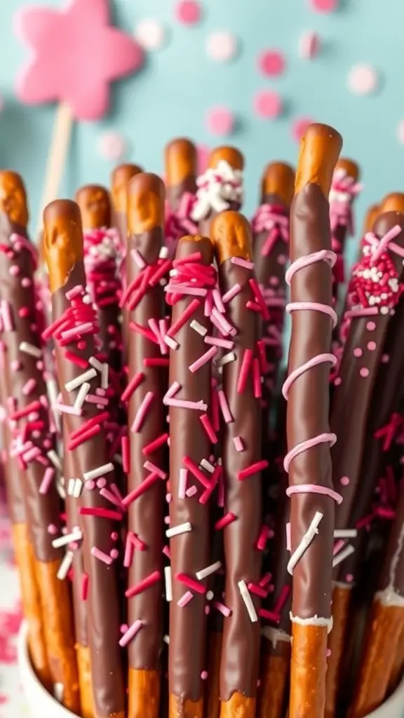 A close-up of chocolate-covered pretzel rods decorated with pink and white sprinkles.