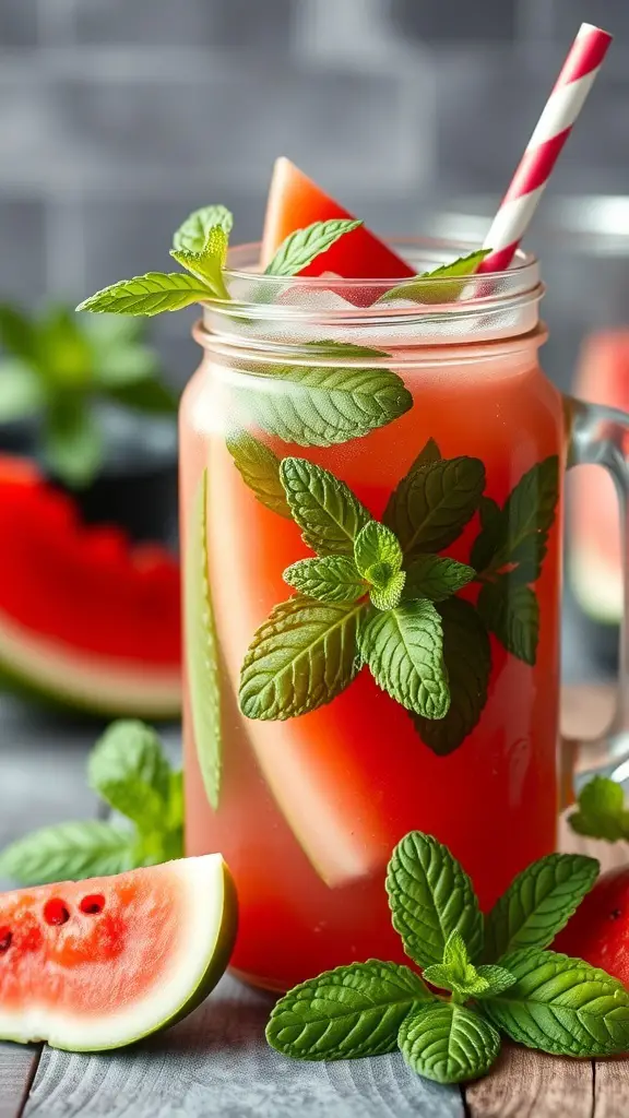 A refreshing Watermelon Mint Cooler in a mason jar with mint leaves and a slice of watermelon.
