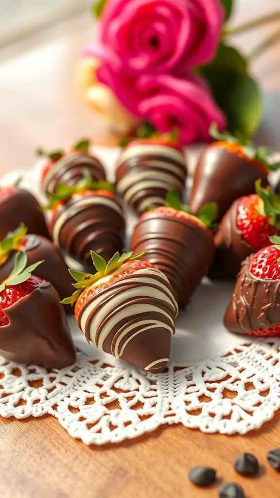 A plate of chocolate-covered strawberries with decorative drizzles and a pink rose in the background.