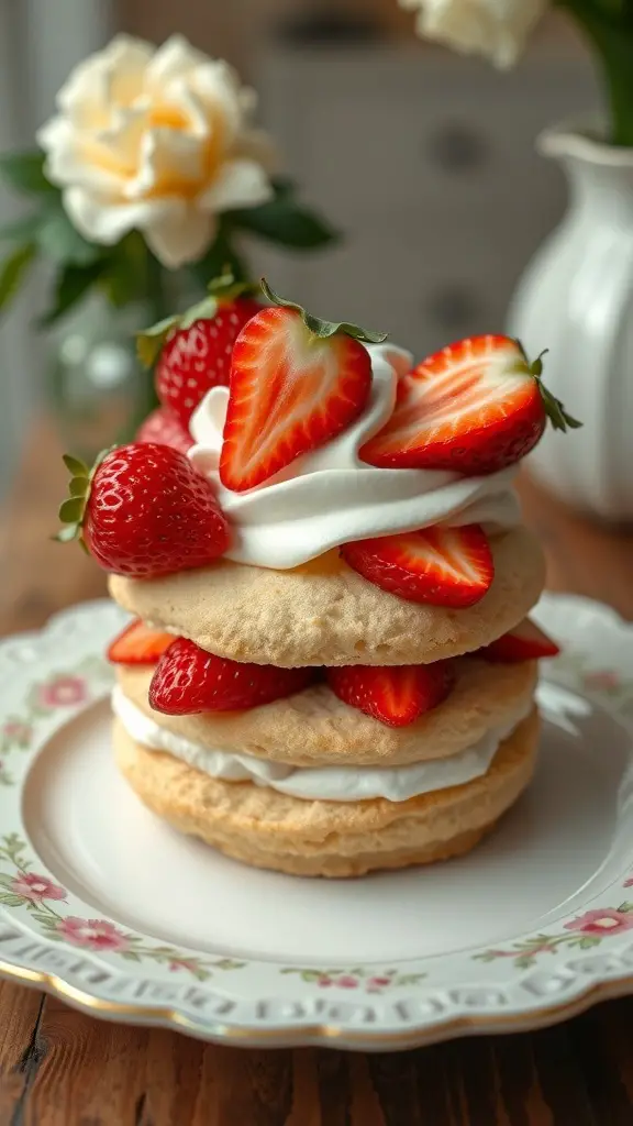 A delicious strawberry shortcake topped with whipped cream and fresh strawberries on a floral plate.