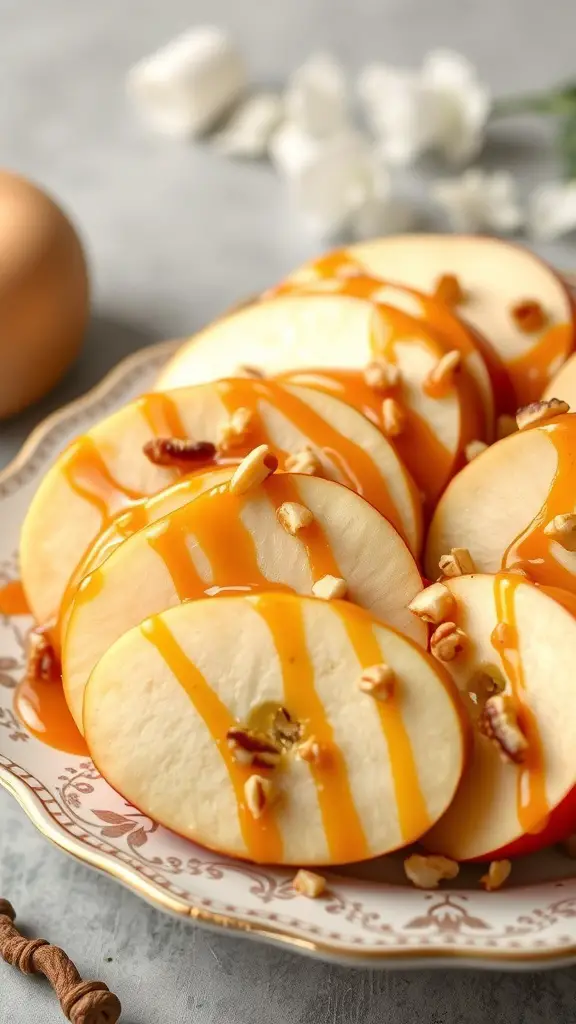 Plate of caramel apple slices drizzled with caramel and topped with nuts