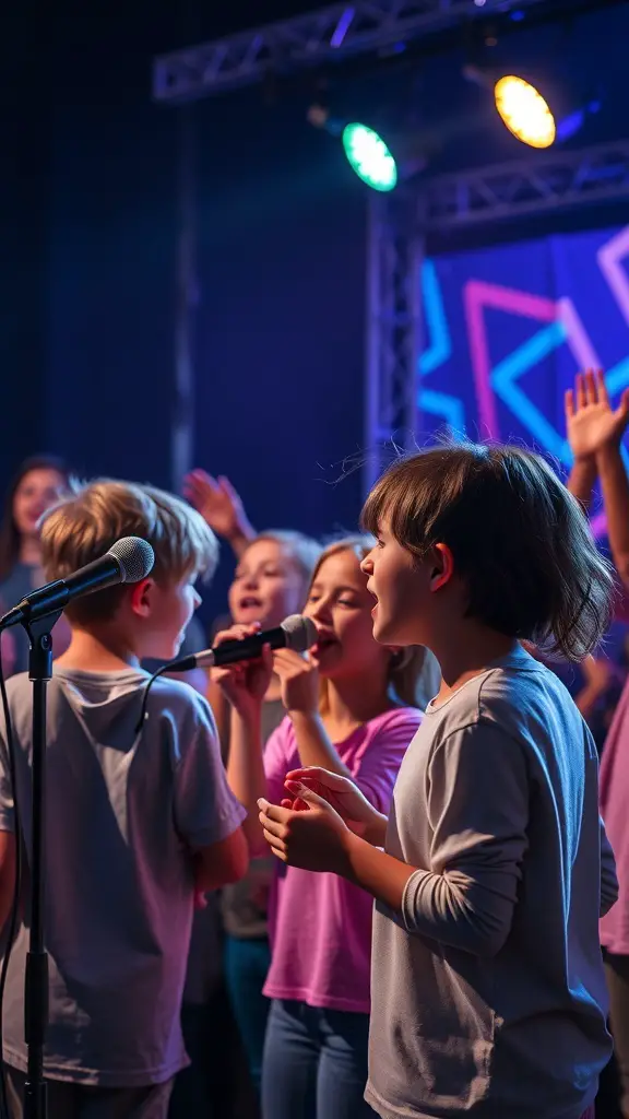 Kids singing on stage during a karaoke night