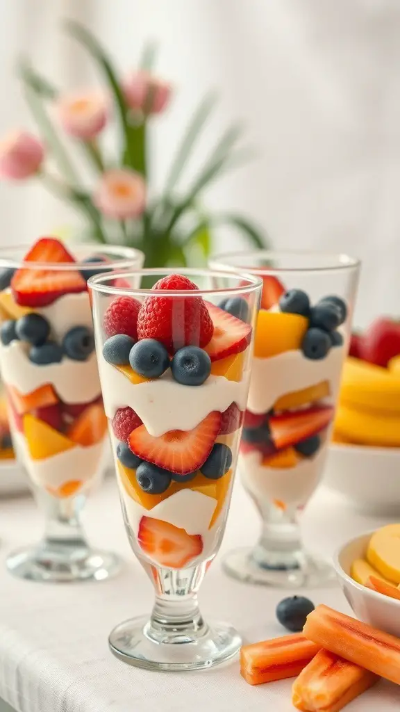Fruit and yogurt parfaits in glasses, layered with yogurt, strawberries, blueberries, and mango.